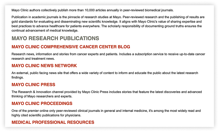 Text screenshot highlighting Mayo Clinic’s peer-reviewed research and publication channels.