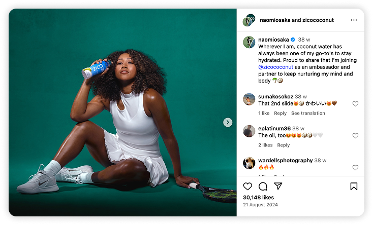 Tennis star Naomi Osaka holding a Zico coconut water bottle in a brand sponsorship post.