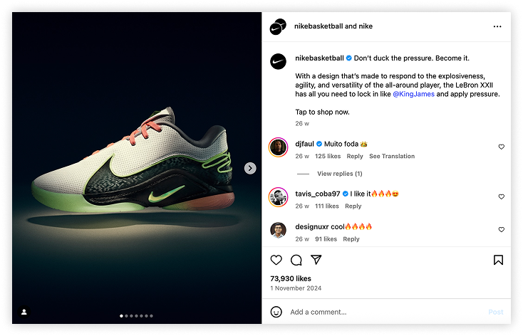 Nike Instagram post featuring a LeBron basketball shoe.