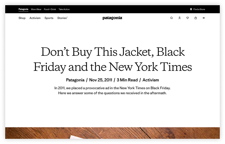 Screenshot of Patagonia’s 2011 “Don’t Buy This Jacket” campaign page on their website.