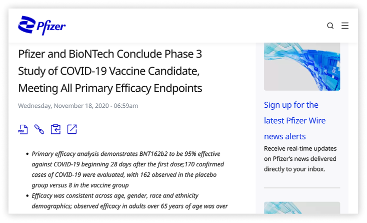 Pfizer press release announcing 95% efficacy of COVID-19 vaccine in Phase 3 trial.