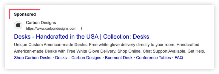 Google Ads example showing a paid PPC listing for a furniture product on the search engine results page