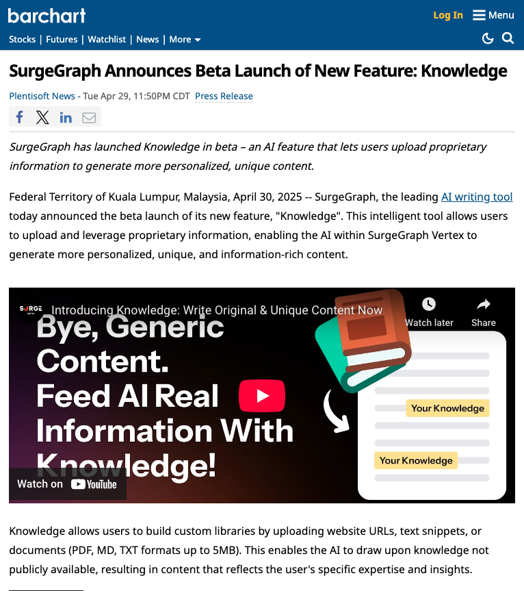 SurgeGraph Announces Beta Launch of New Feature: Knowledge