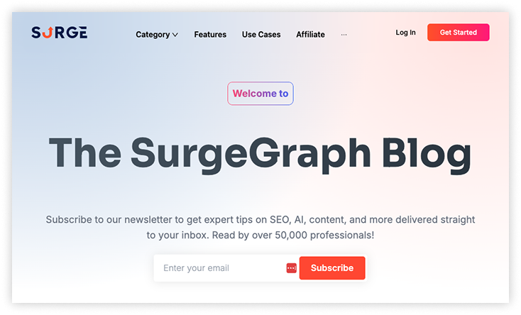 SurgeGraph blog newsletter signup page.