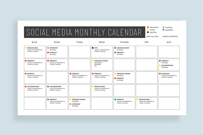 Social media monthly calendar template with planned posts for different platforms
