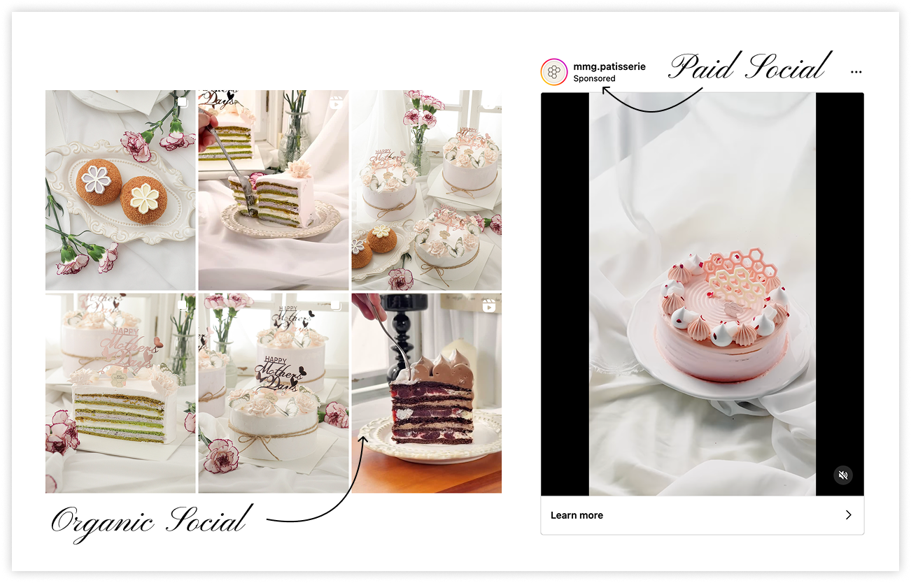 Example of organic vs paid social media posts on Instagram showcasing a cake brand's marketing strategy