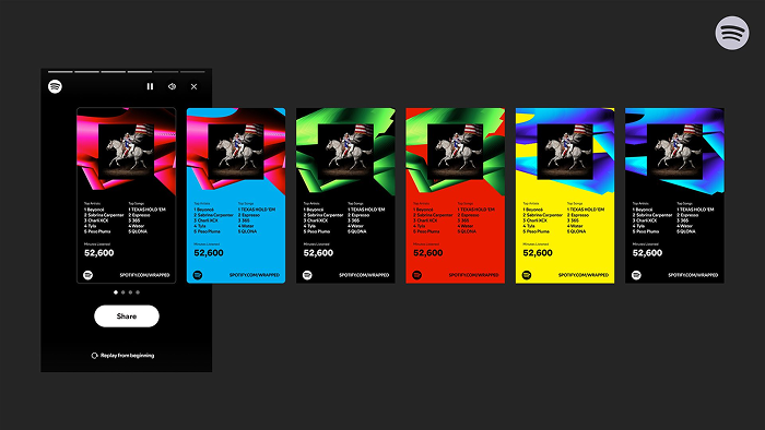 Colorful Spotify Wrapped cards with music stats.