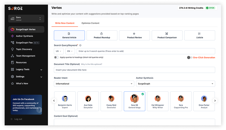 SurgeGraph AI content writing tool dashboard.
