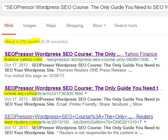 Screenshot of SEOPressor's press release on WSJ, Reuters, and Yahoo News showing up on Google search