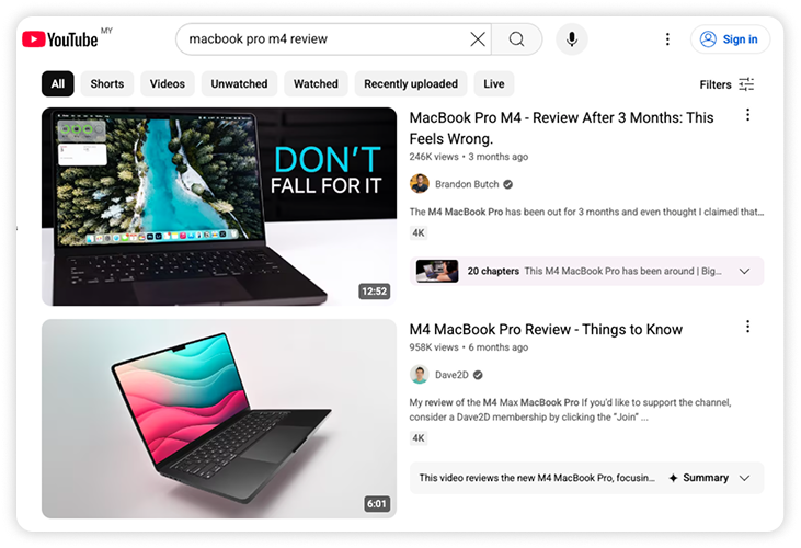 YouTube search results page showing MacBook Pro M4 review videos.