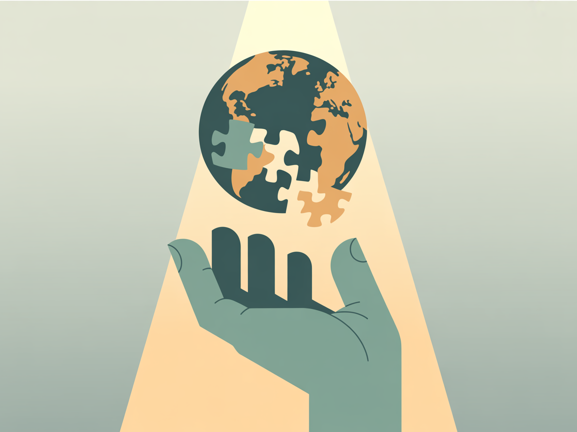 Illustration of a hand holding a globe made of puzzle pieces under a spotlight.