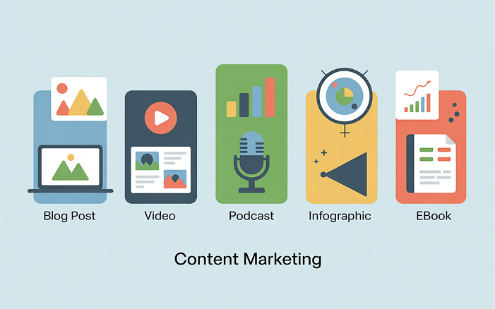 Visual representation of common content marketing formats including blog posts, videos, podcasts, infographics, and ebooks