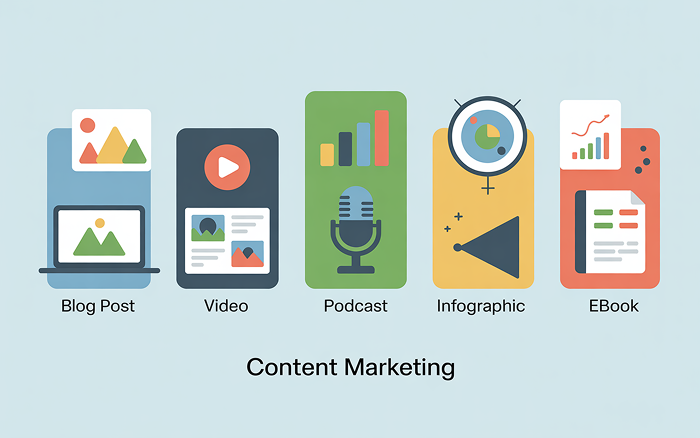 Visual representation of common content marketing formats including blog posts, videos, podcasts, infographics, and ebooks