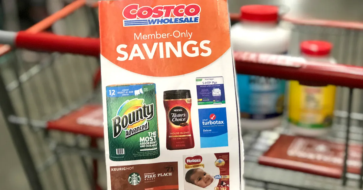 Costco savings flyer showcasing discounts on household items.