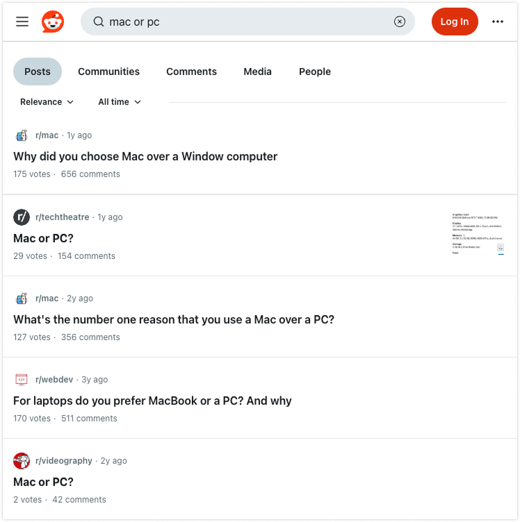 Reddit thread showing user discussions comparing Mac and PC preferences.