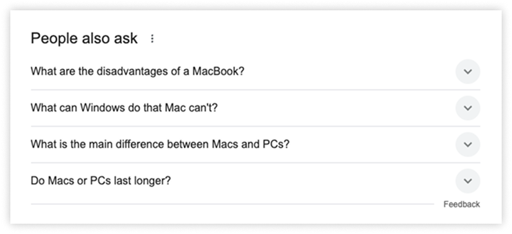 Google 'People also ask' section showing common questions about Mac vs PC.