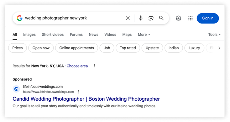 Google search results for 'wedding photographer new york'.