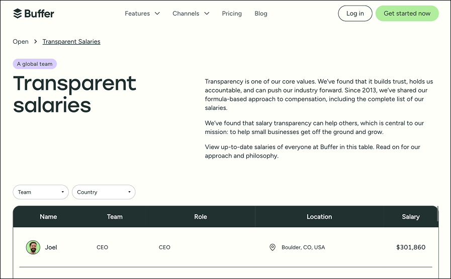 Buffer’s public salary transparency page listing team roles, locations, and individual compensation.