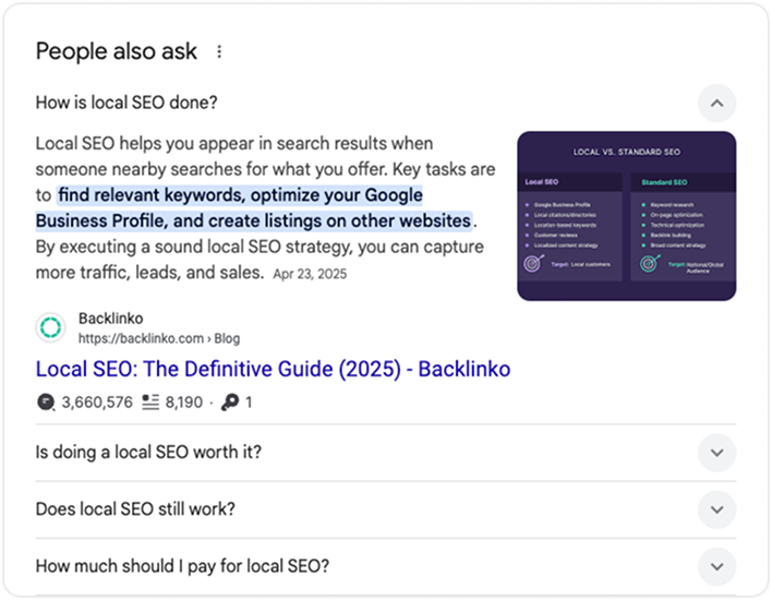 Google People Also Ask results showing questions related to local SEO.