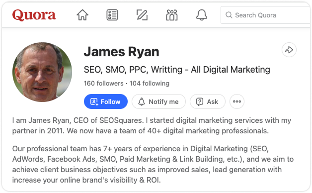 Screenshot of James Ryan’s Quora profile showing his digital marketing expertise and agency background.