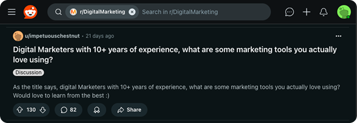 Reddit post in r/DigitalMarketing asking experienced marketers about their favorite tools.
