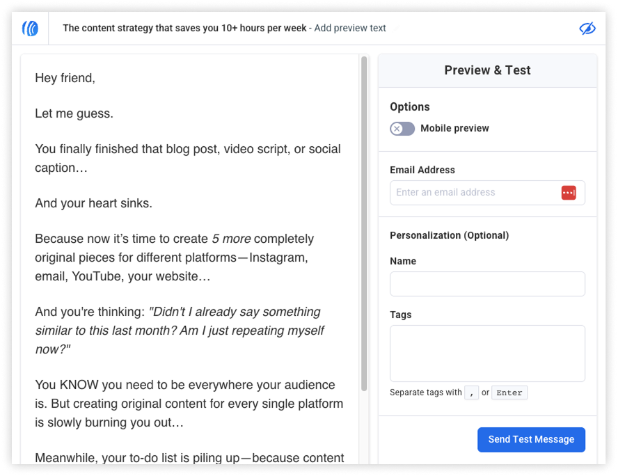 Email preview screen shown to emphasize the importance of testing before campaign launch.