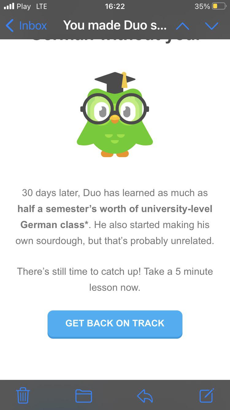 Duolingo email with cartoon owl showing humorous reminder to resume learning.