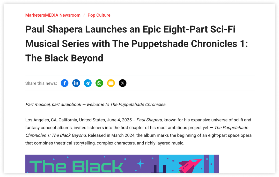 A press release announcing Paul Shapera’s sci-fi album series, The Puppetshade Chronicles 1: The Black Beyond.