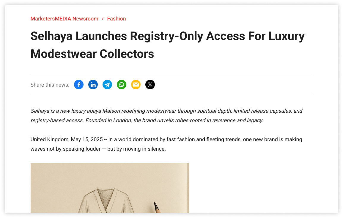 A press release introducing Selhaya’s luxury modestwear brand with registry-only access and philanthropic values.