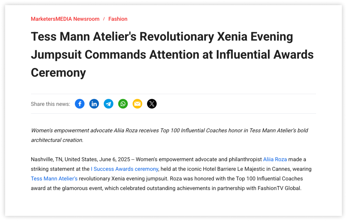 A press release highlighting Tess Mann Atelier’s Xenia evening jumpsuit worn by Aliia Roza at a celebrity awards ceremony.