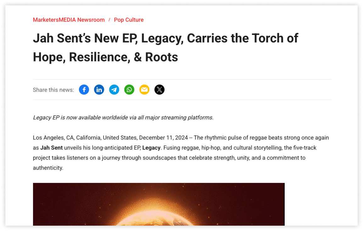 A press release introducing Jah Sent’s new EP Legacy.