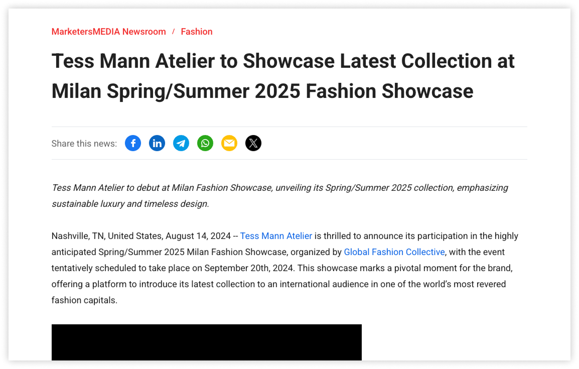 A press release announcing Tess Mann Atelier’s participation in the Milan Spring/Summer 2025 Fashion Showcase.