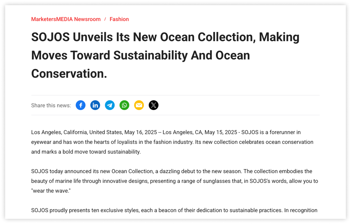 A press release announcing SOJOS’s new Ocean Collection, highlighting sustainability and ocean conservation themes.