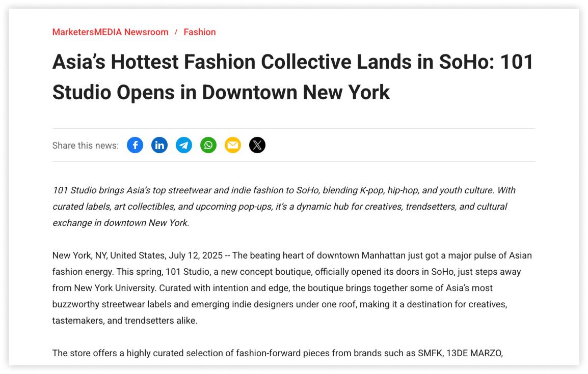 A press release announcing the opening of 101 Studio in SoHo, featuring Asian streetwear and youth culture influences.