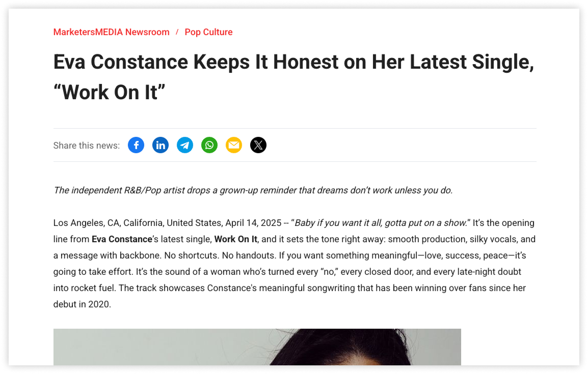 A press release for Eva Constance’s latest single Work On It.