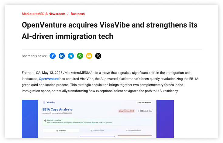 A press release about OpenVenture acquiring VisaVibe.