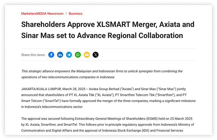 A press release about the XLSMART merger between Axiata and Sinar Mas.