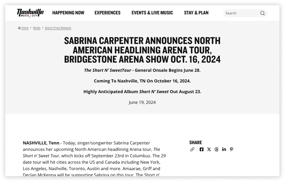 A press release announcing Sabrina Carpenter’s North American headlining arena tour.