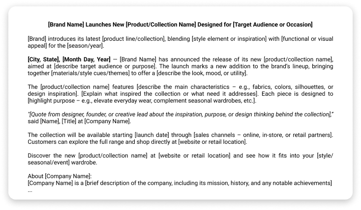 Screenshot of Fashion Product or Collection Launch press release template.