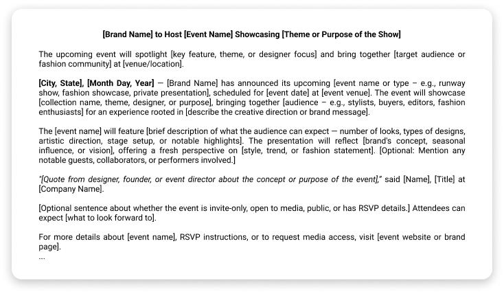 Fashion Show or Event Announcement press release template