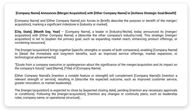 Screenshot of Merger and Acquisition press release template.