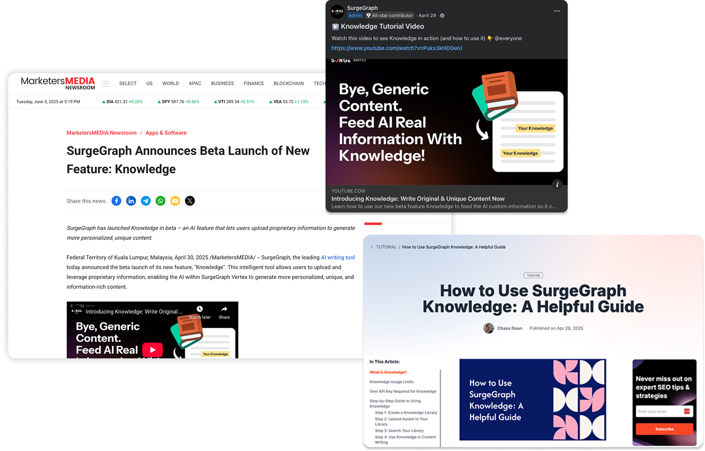 SurgeGraph repurposed a single announcement into a press release, blog post, social media post, and video content.