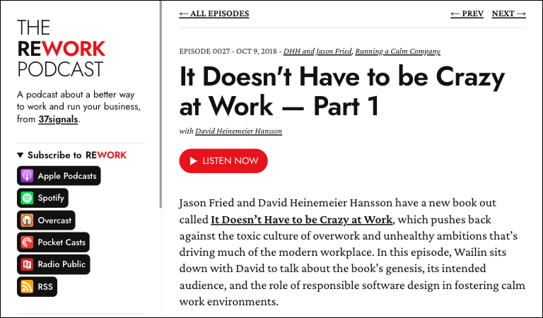 Rework podcast episode about calm work culture.