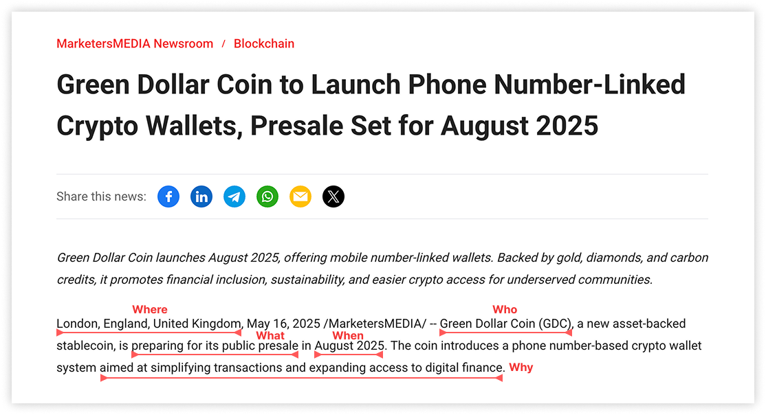 Example lead paragraph showing the What, Who, When, Where, and Why of a crypto press release.