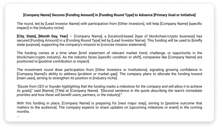 Screenshot of Funding/Investment Announcement Press Release Template
