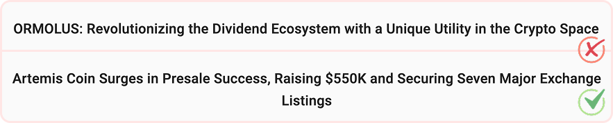 Example of bad and good crypto press release headlines.