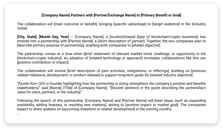 Screenshot of Crypto Partnership/Exchange Listing Press Release Template