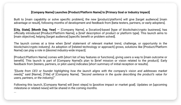 Screenshot of Crypto Product/Platform Launch Press Release Template