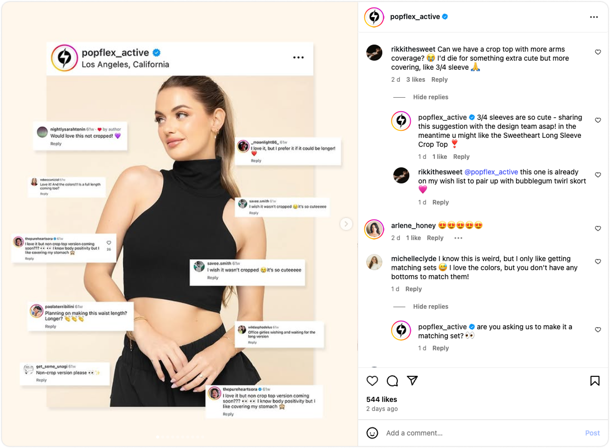 Popflex Active Instagram post with customer comments showing two-way communication
