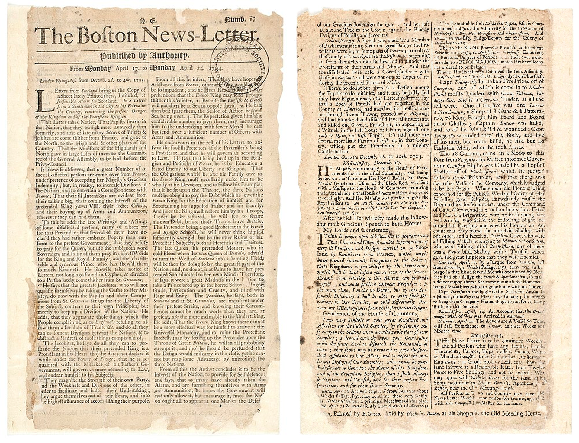 A scanned image of The Boston News-Letter from April 1704, one of the earliest American newspapers printed on aged paper.